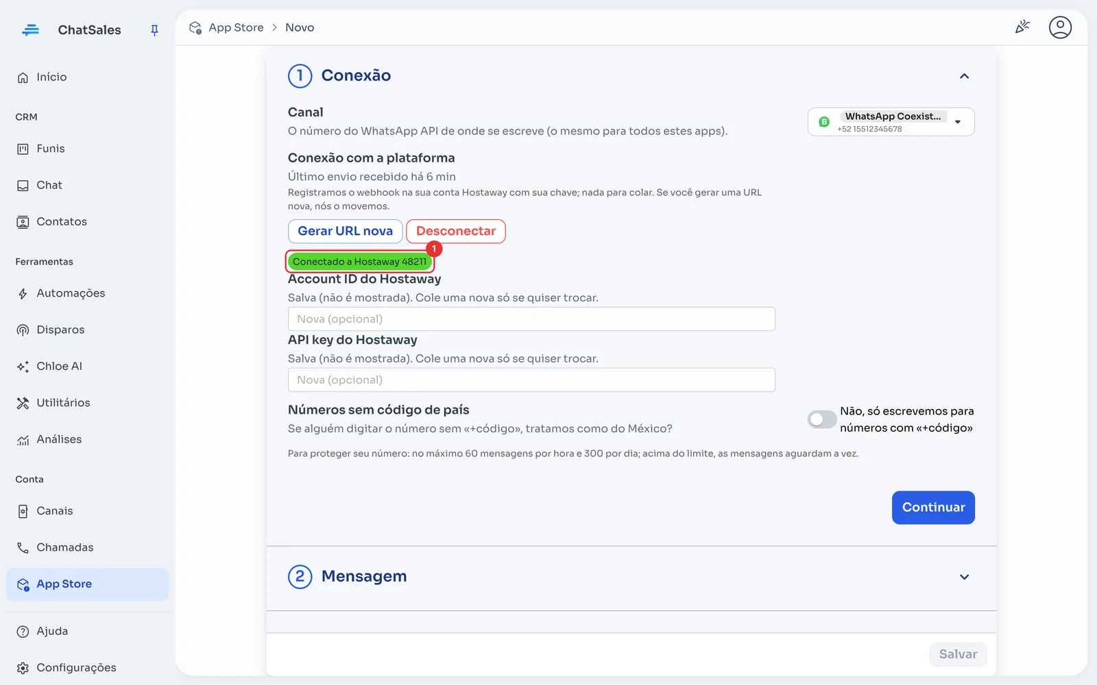 Seção Conexão com a conta Hostaway