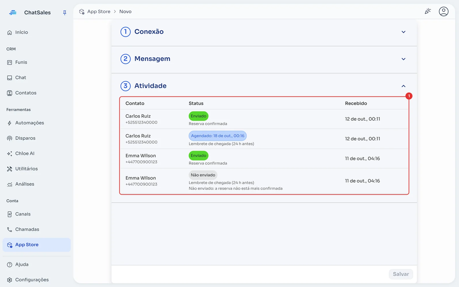 Seção Atividade com os envios recebidos e seu status