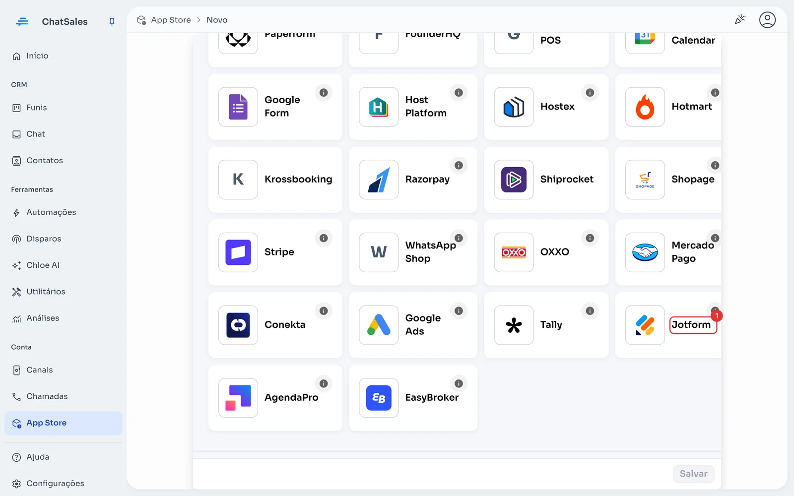 Galeria de apps com o cartão Jotform marcado