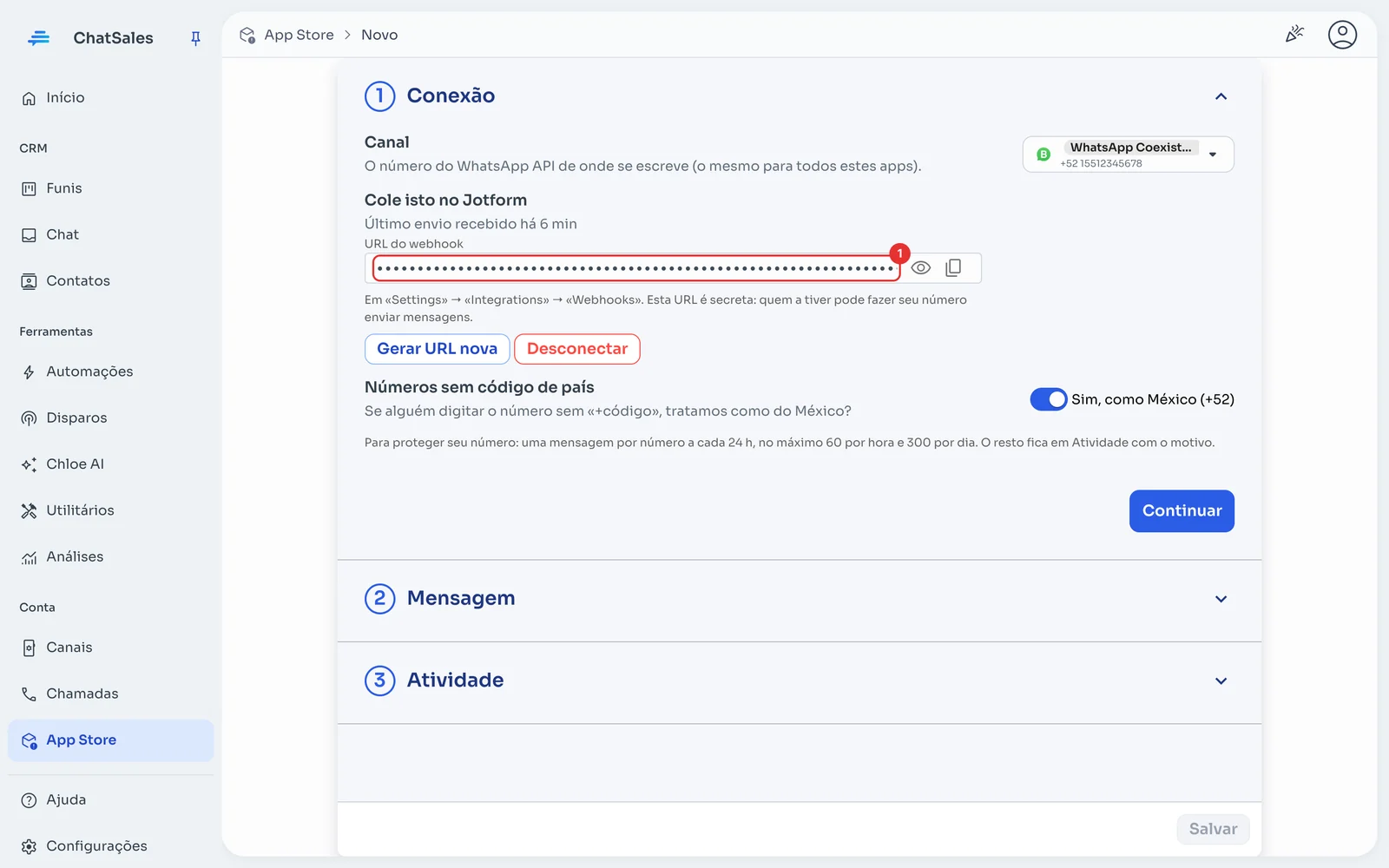 Seção Conexão com a URL do webhook