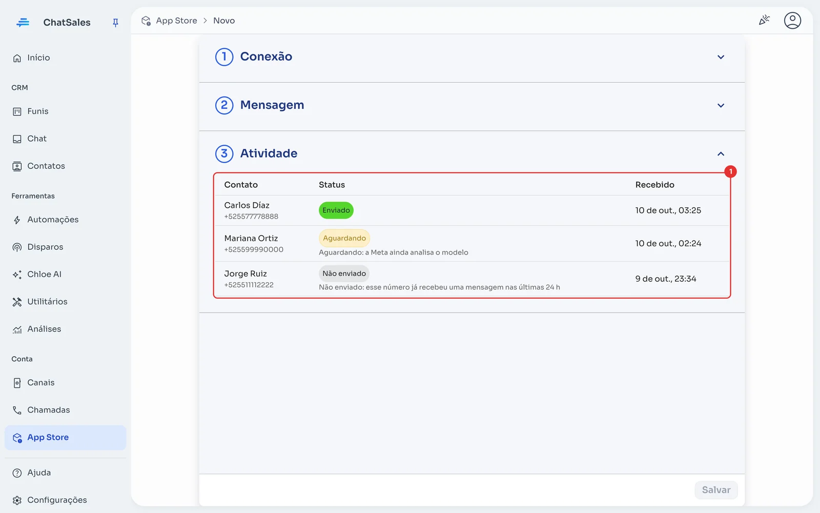 Seção Atividade com os envios recebidos e seu status