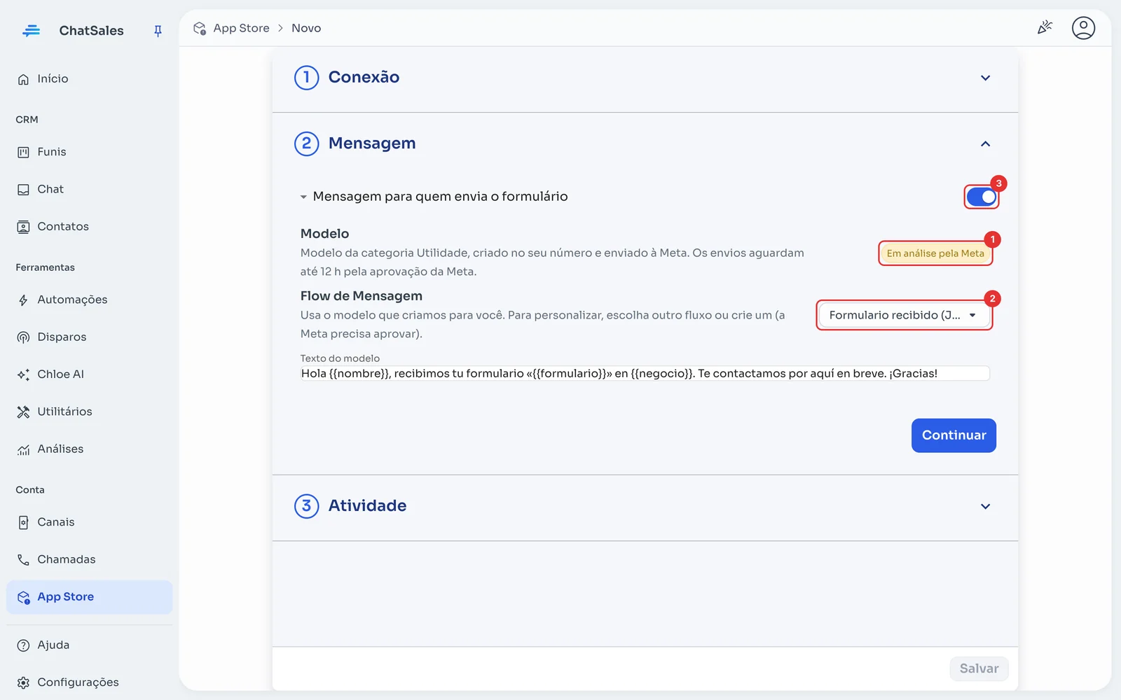 Seção Mensagem com o status do modelo e o fluxo