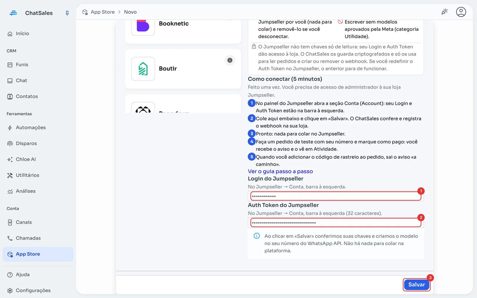 Campos Login e Auth Token do Jumpseller e botão Salvar