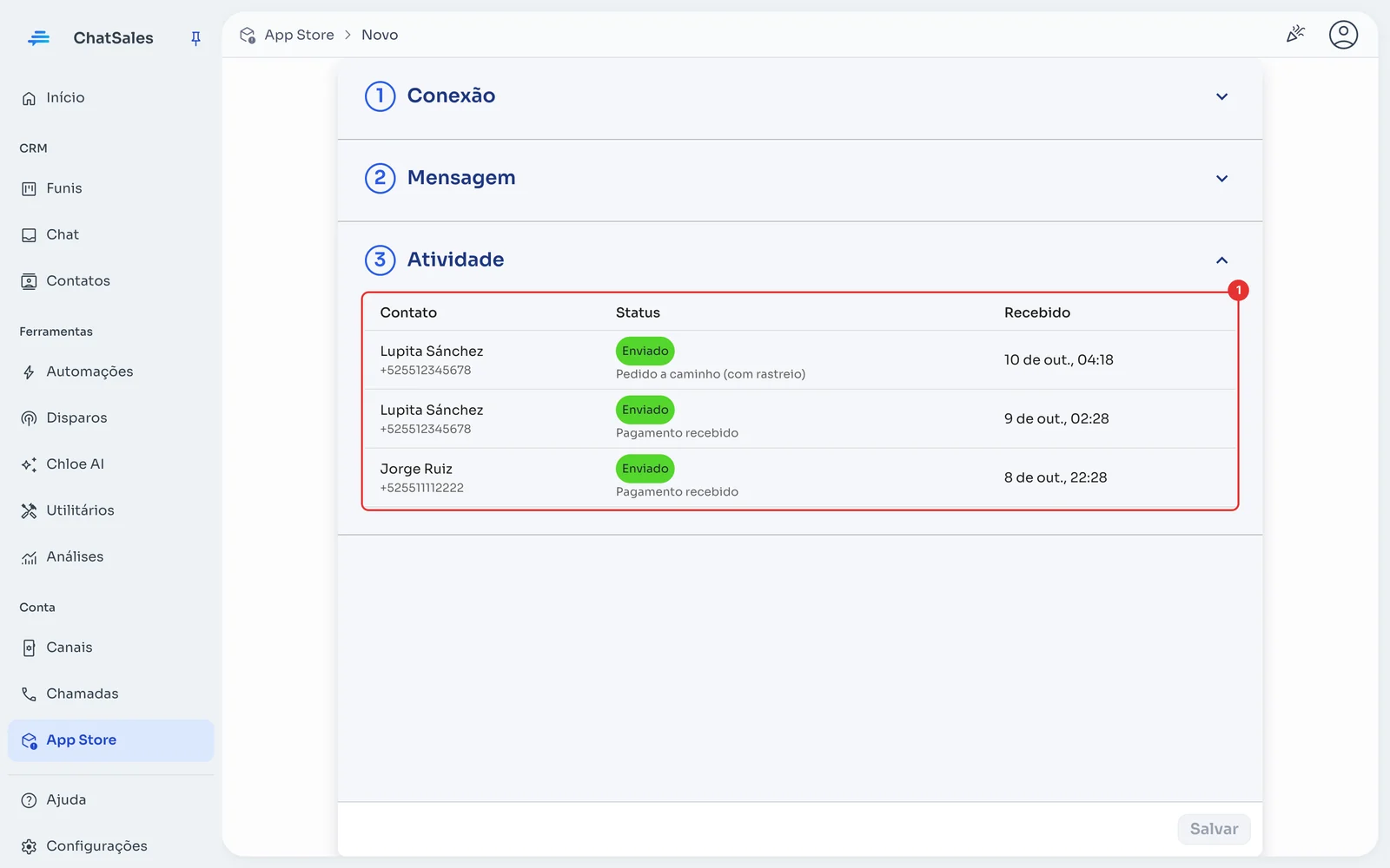Seção Atividade com os envios recebidos e seu status