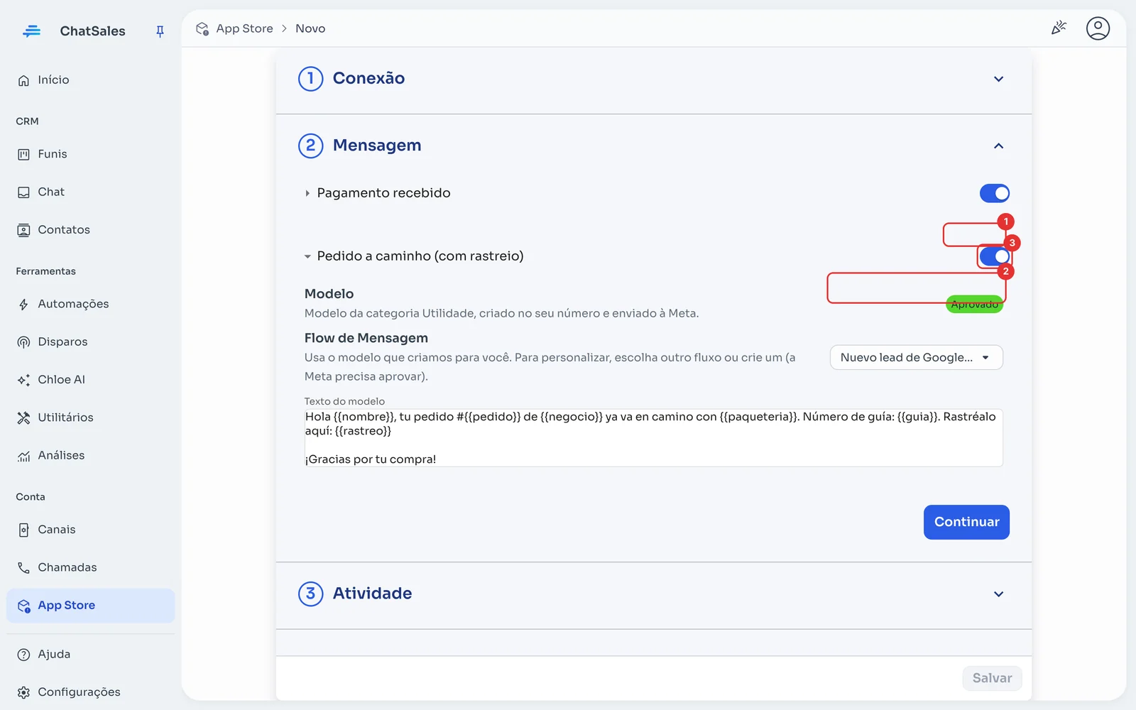 Seção Mensagem com o status do modelo e o fluxo