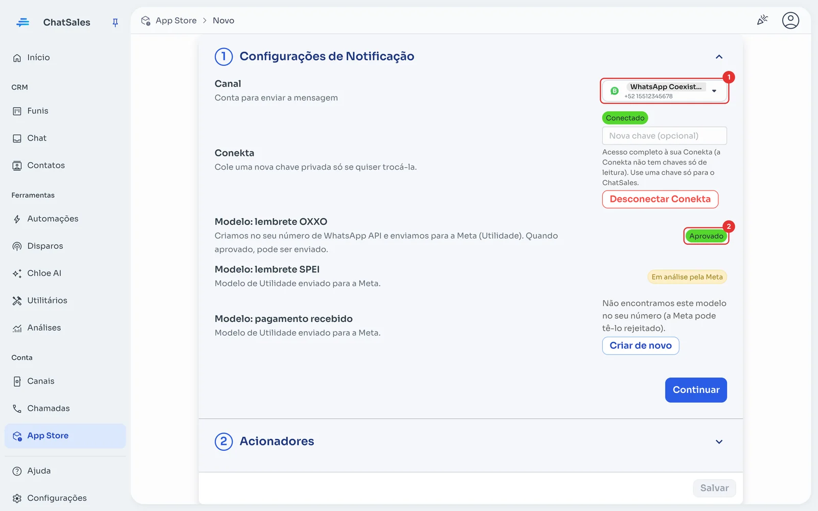 Configurações com o canal e o status dos modelos