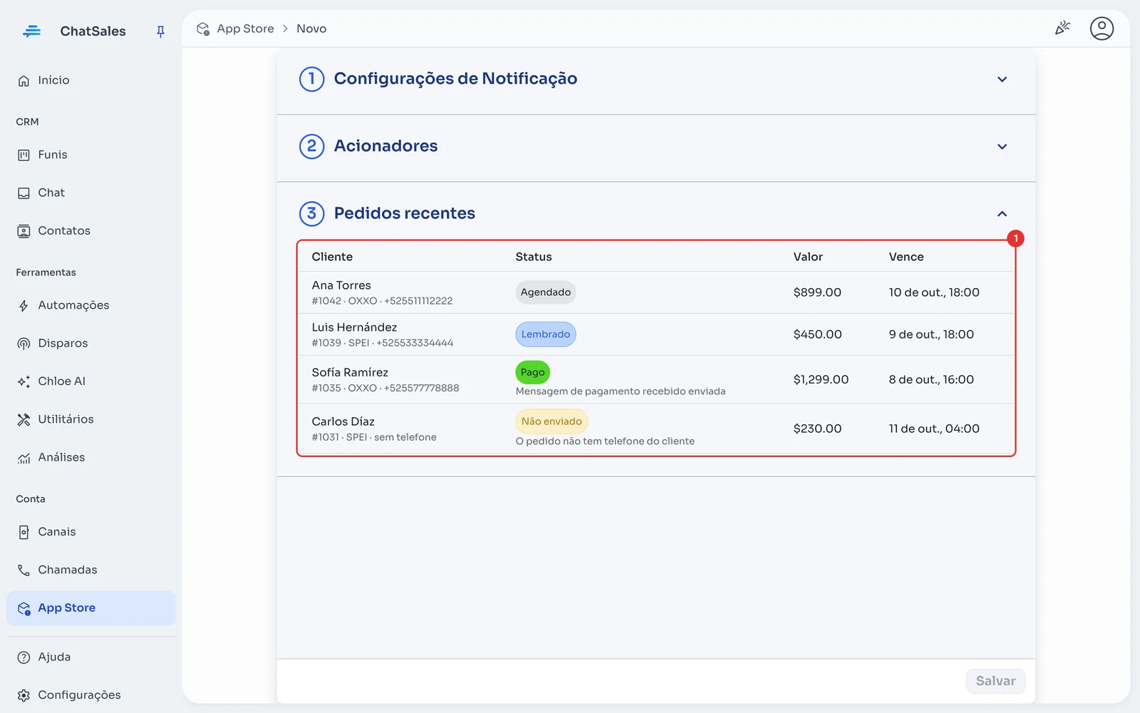 Pedidos recentes com status e motivo