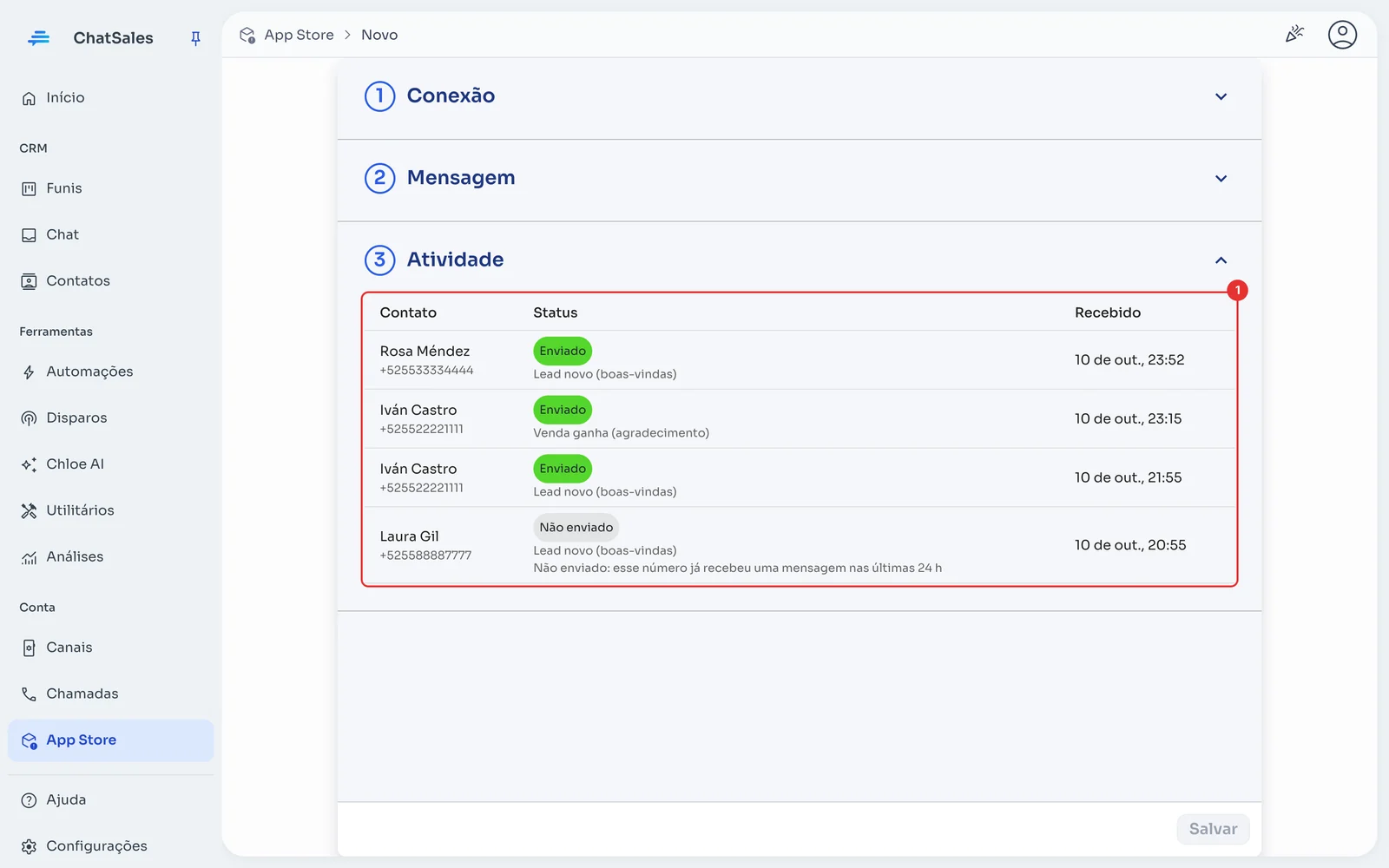 Seção Atividade com os envios recebidos e seu status