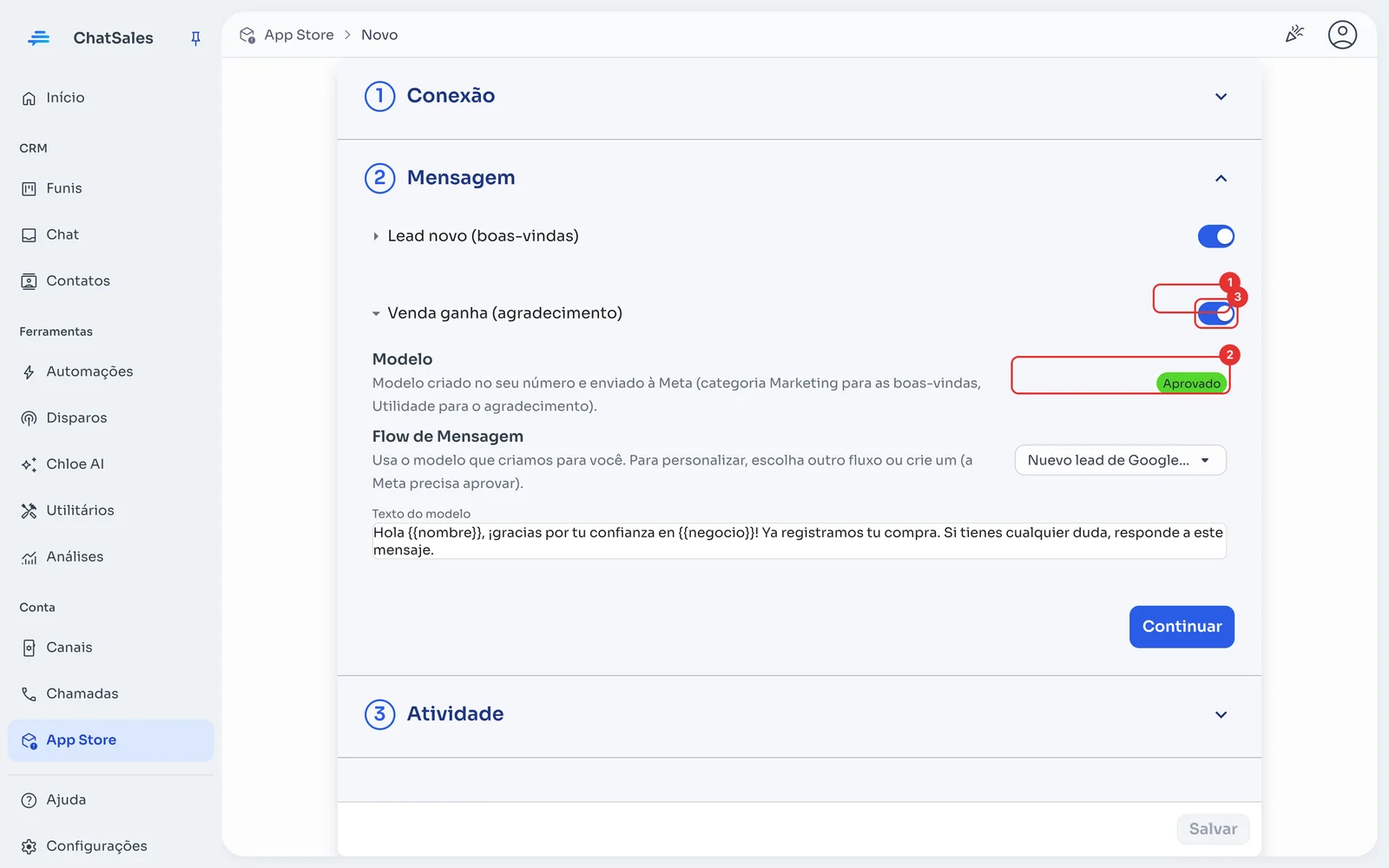 Seção Mensagem com o status do modelo e o fluxo