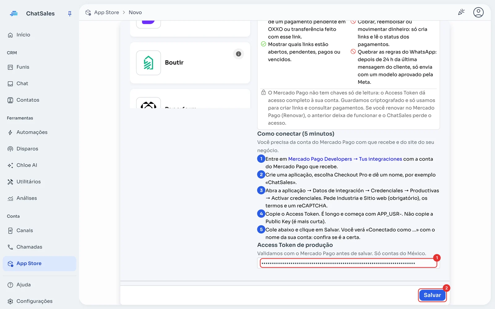 Campo Access Token de produção e botão Salvar