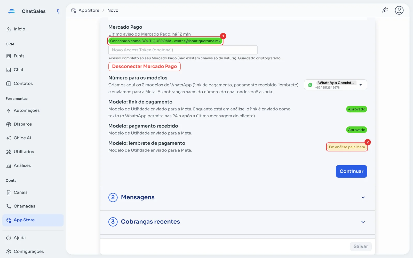 Configurações com Conectado como e o status dos três modelos