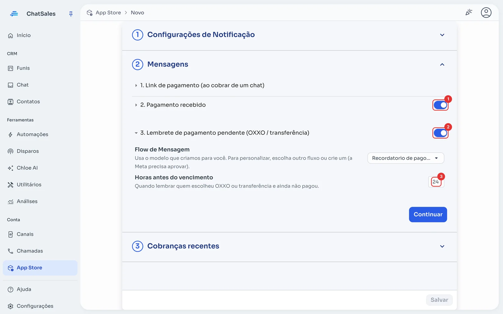 Seção Mensagens com validade do link, interruptores e horas