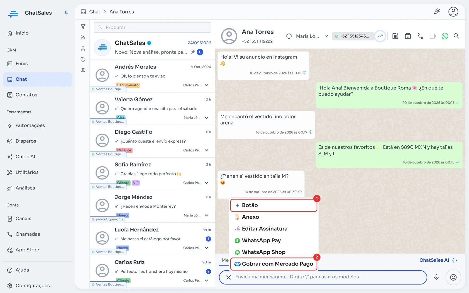 Menu do botão mais em um chat com Cobrar com Mercado Pago marcado