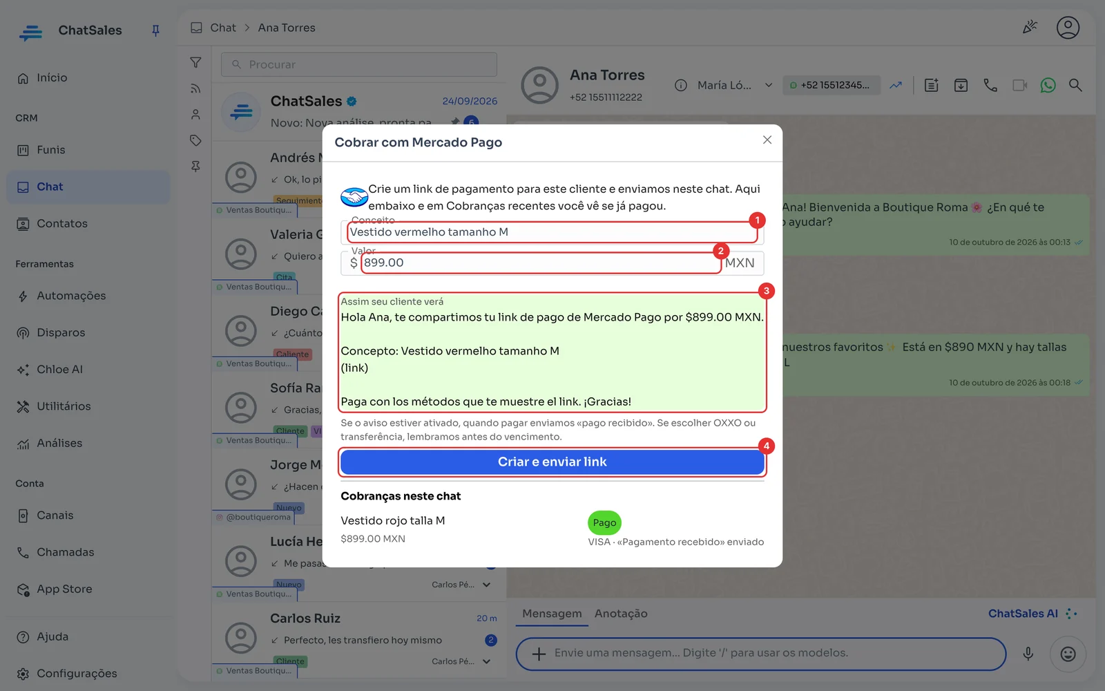 Janela Cobrar com Mercado Pago com conceito, valor, prévia e o botão Criar e enviar link