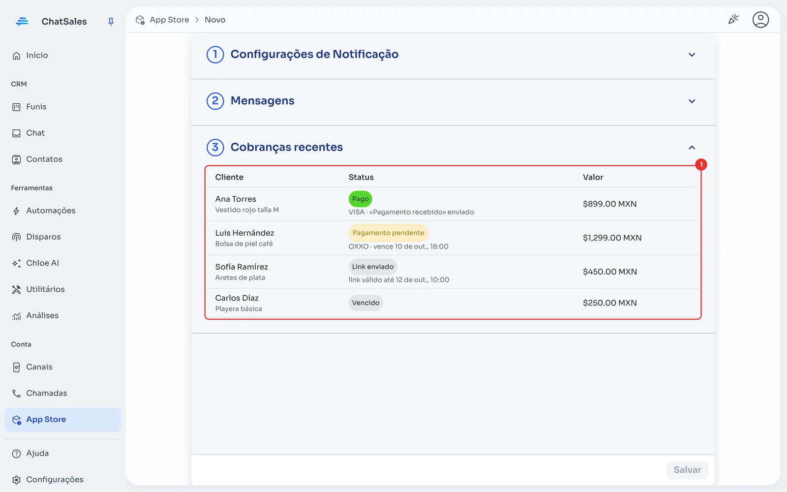 Cobranças recentes com cobranças pagas, pendentes, enviadas e vencidas