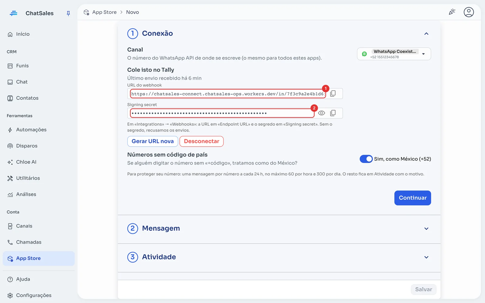 Seção Conexão com a URL do webhook