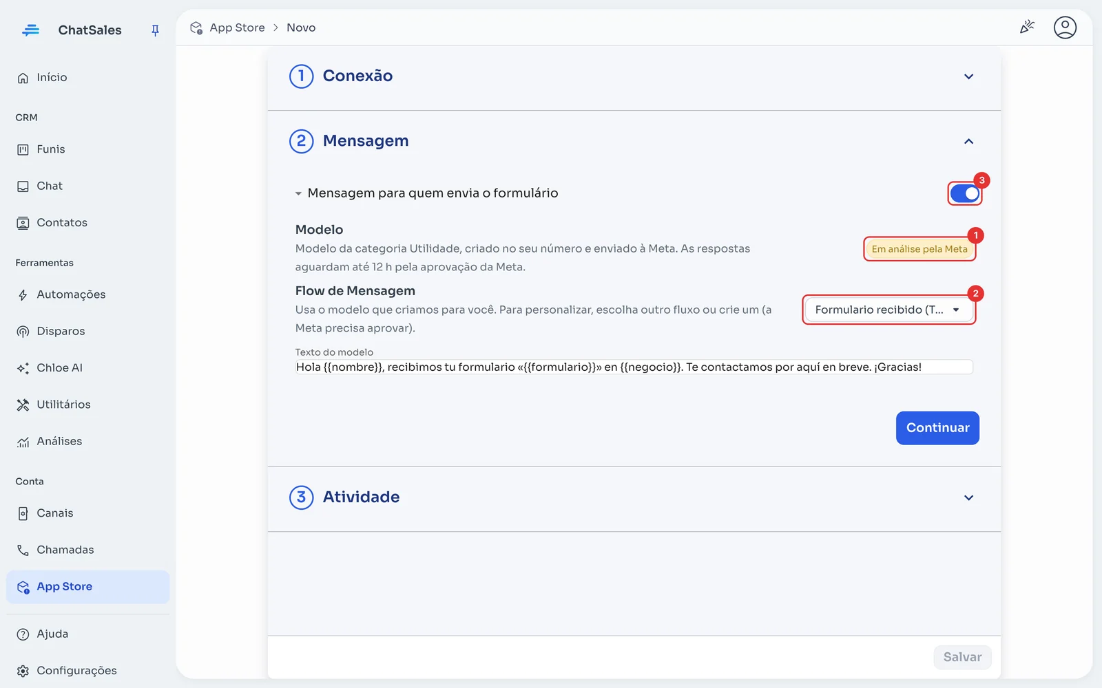 Seção Mensagem com o status do modelo e o fluxo