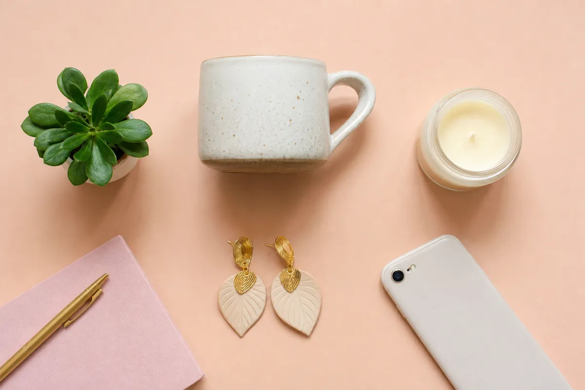 Productos ordenados sobre fondo pastel listos para fotografiar