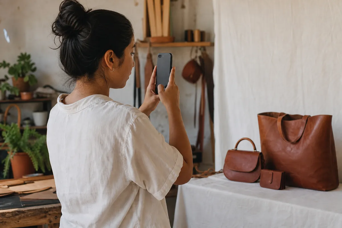 Emprendedora fotografiando bolsas de piel para su catálogo de WhatsApp