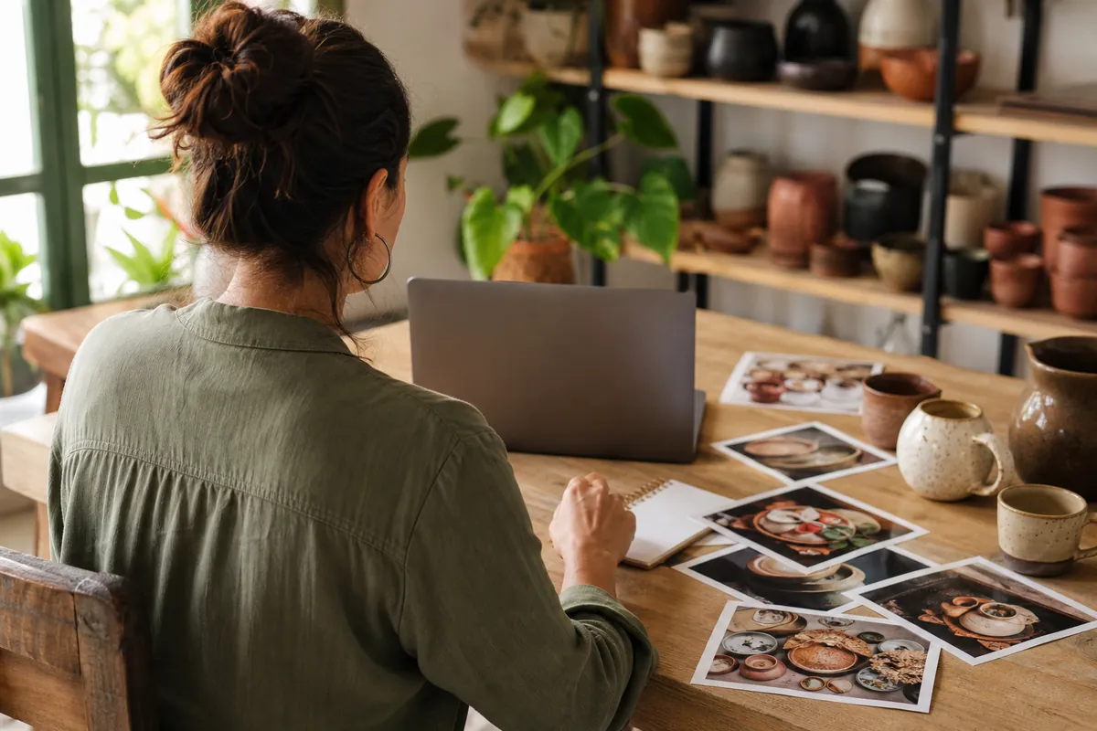 Dueño de negocio planeando una campaña con fotos de productos sobre el escritorio