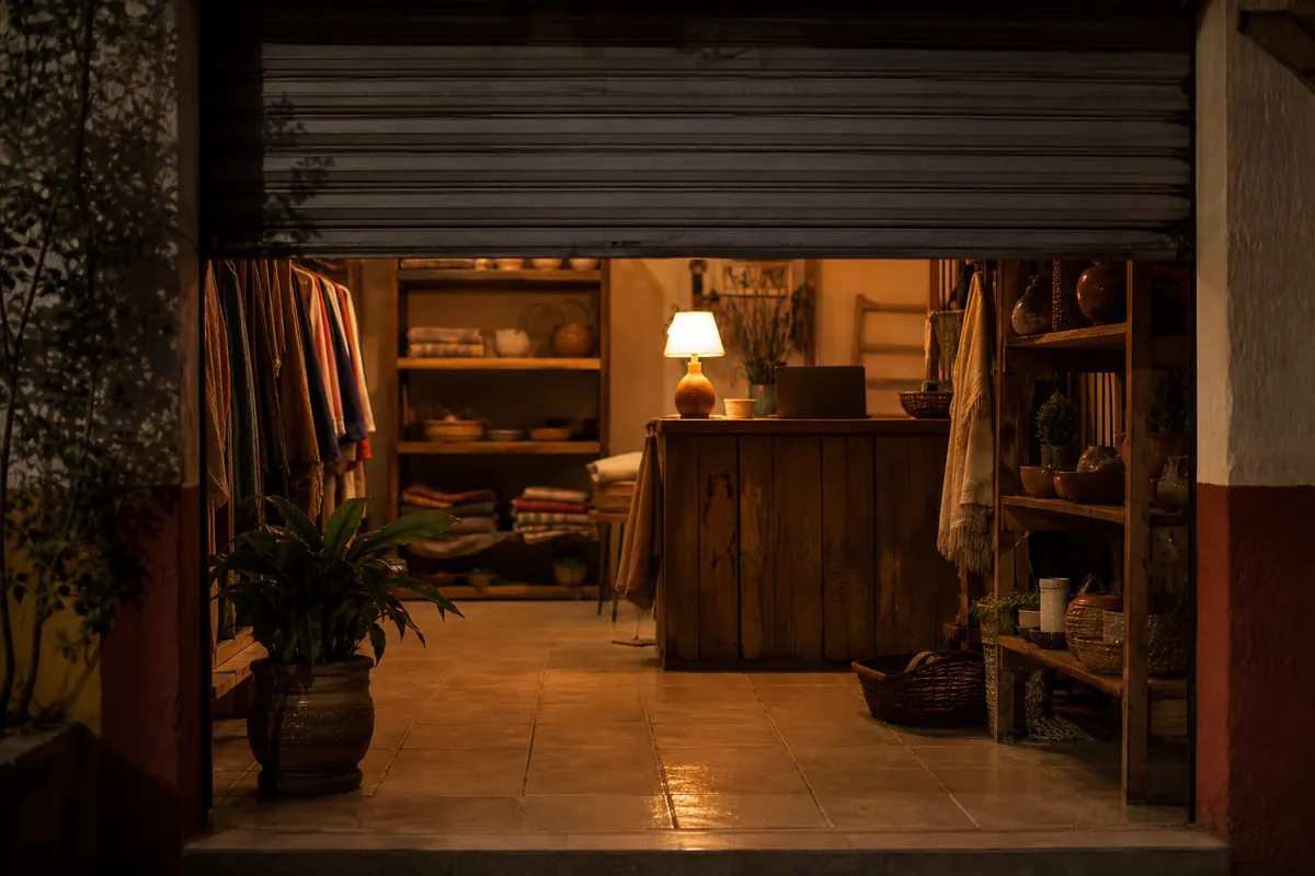 Boutique cerrada de noche con una lámpara encendida en el mostrador