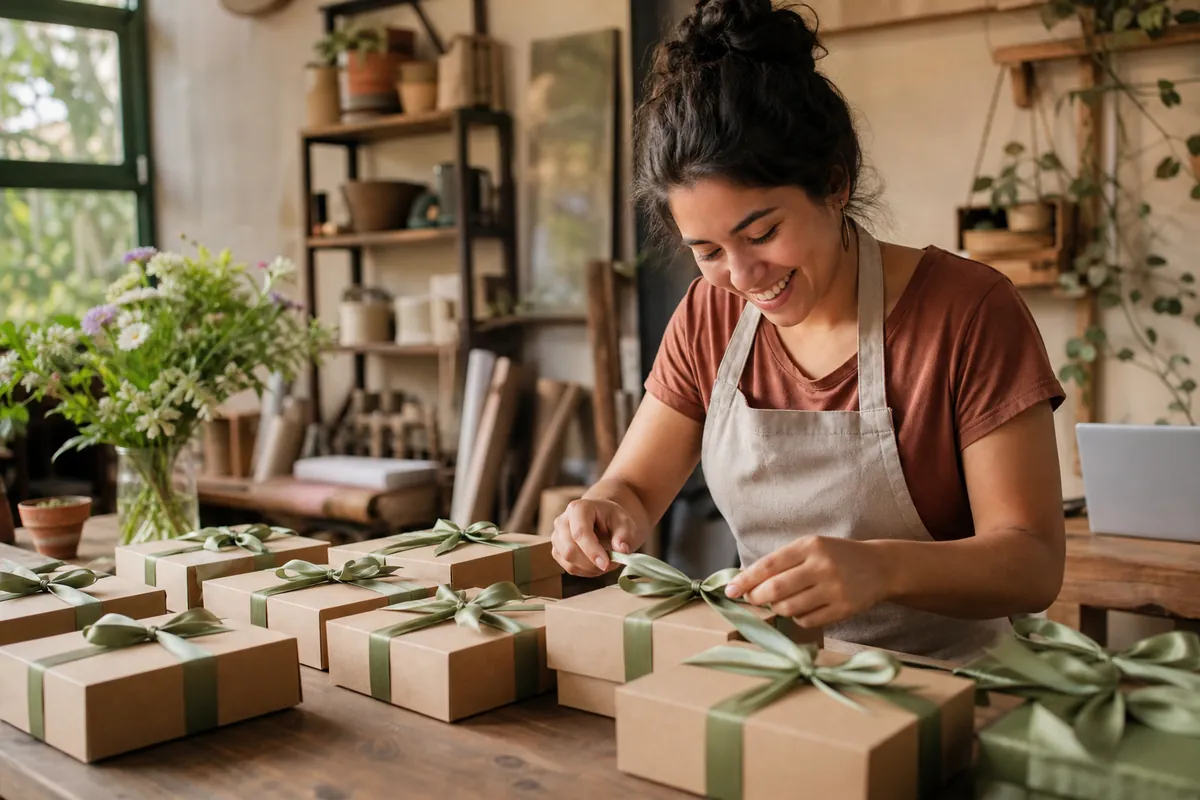 Dueña de negocio preparando muchas cajas de regalo iguales