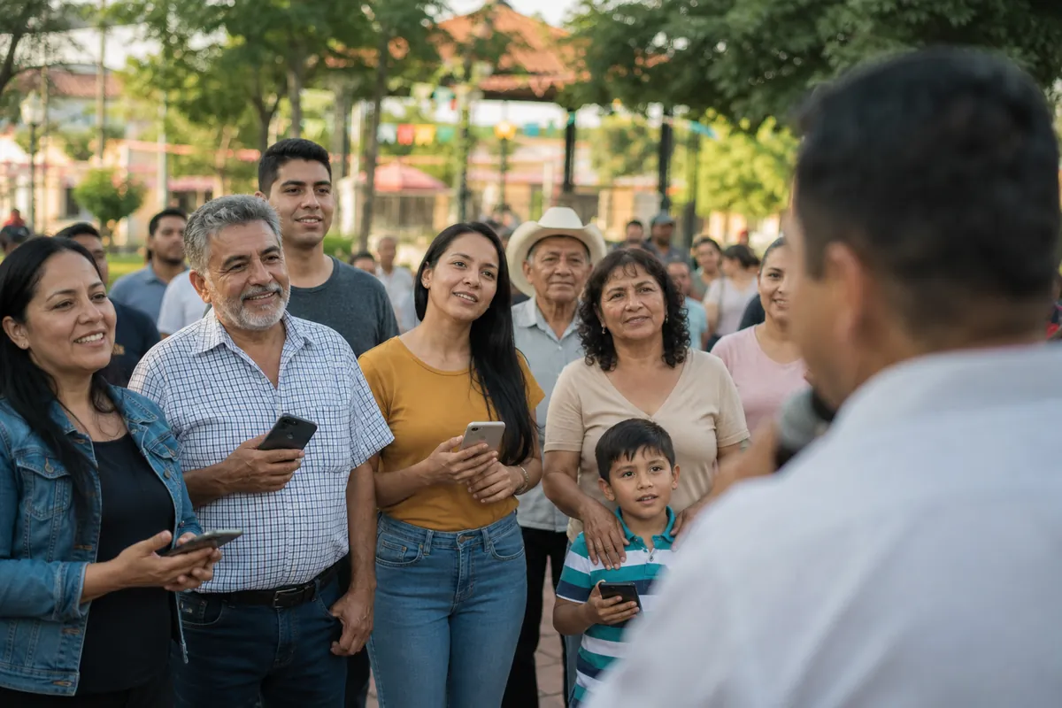 Personas en un parque mirando hacia un anuncio