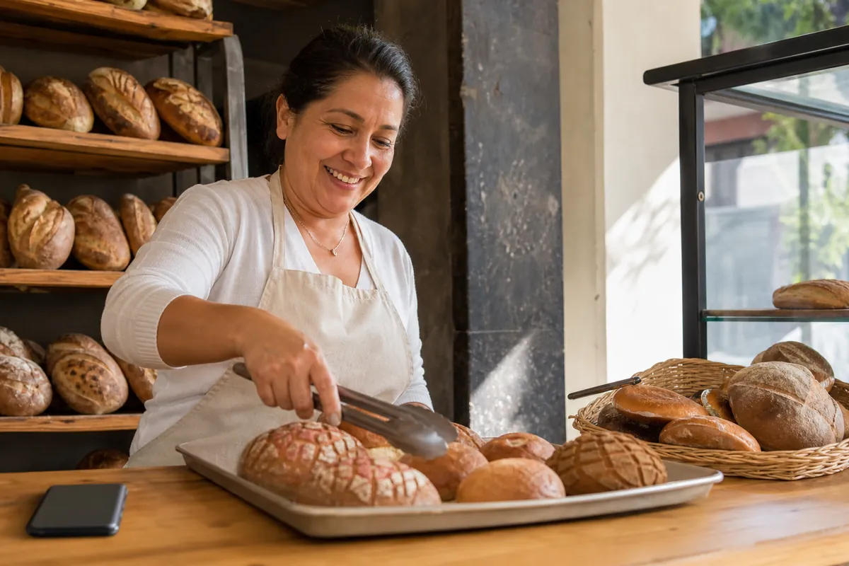 Dueña de una panadería acomodando pan recién hecho al abrir su negocio