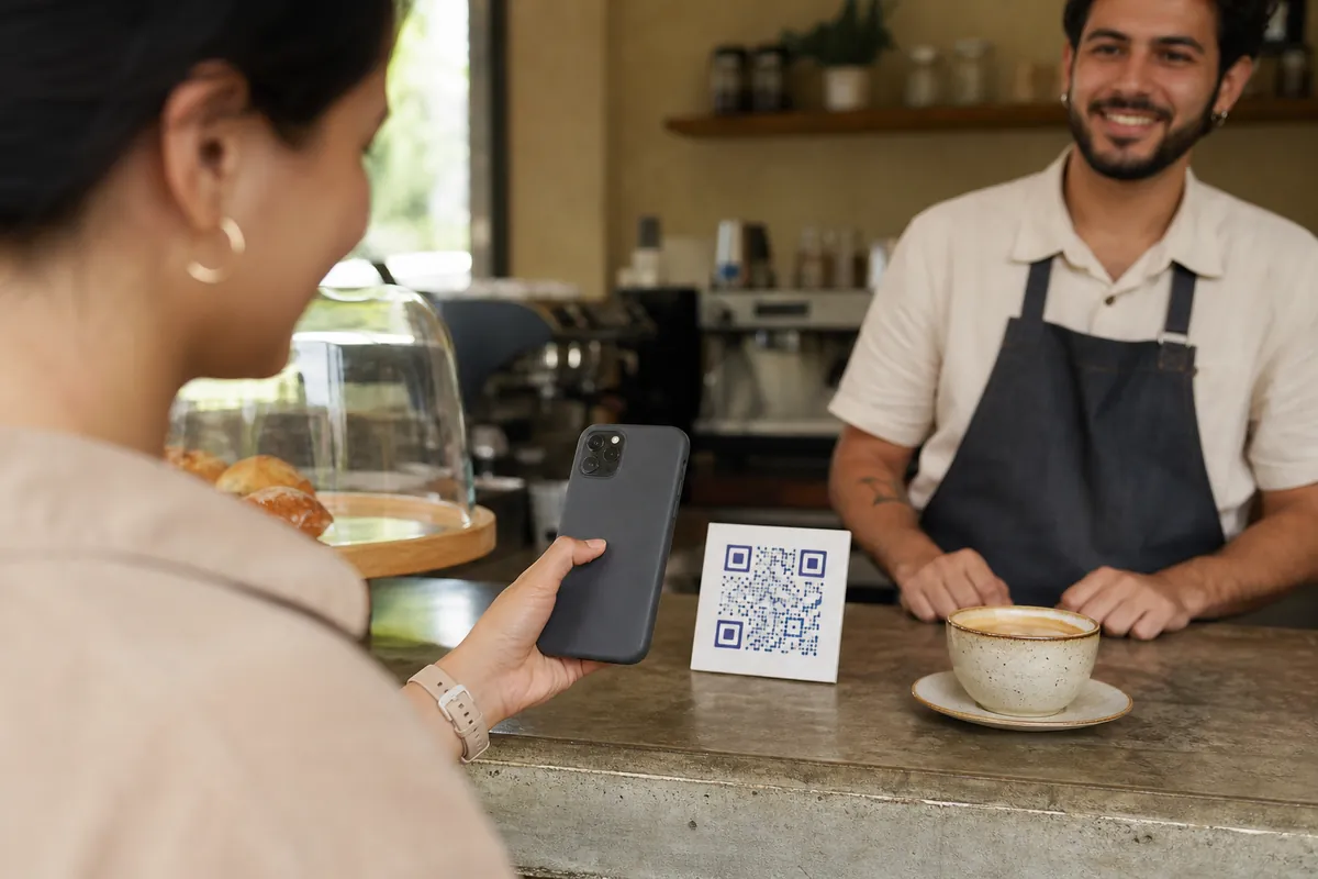 Tarjeta con código QR sobre el mostrador de una cafetería junto a un café