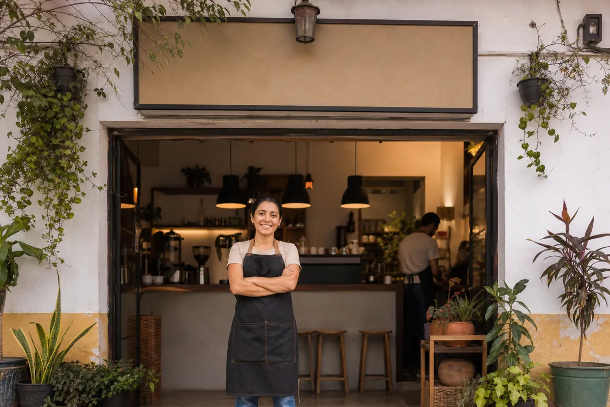 Fachada de una cafetería pequeña con la puerta abierta y plantas