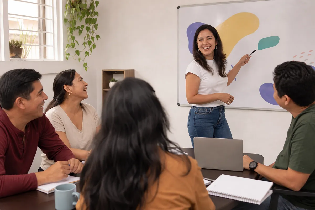 Salón de una academia de idiomas con maestra y alumnos sonriendo