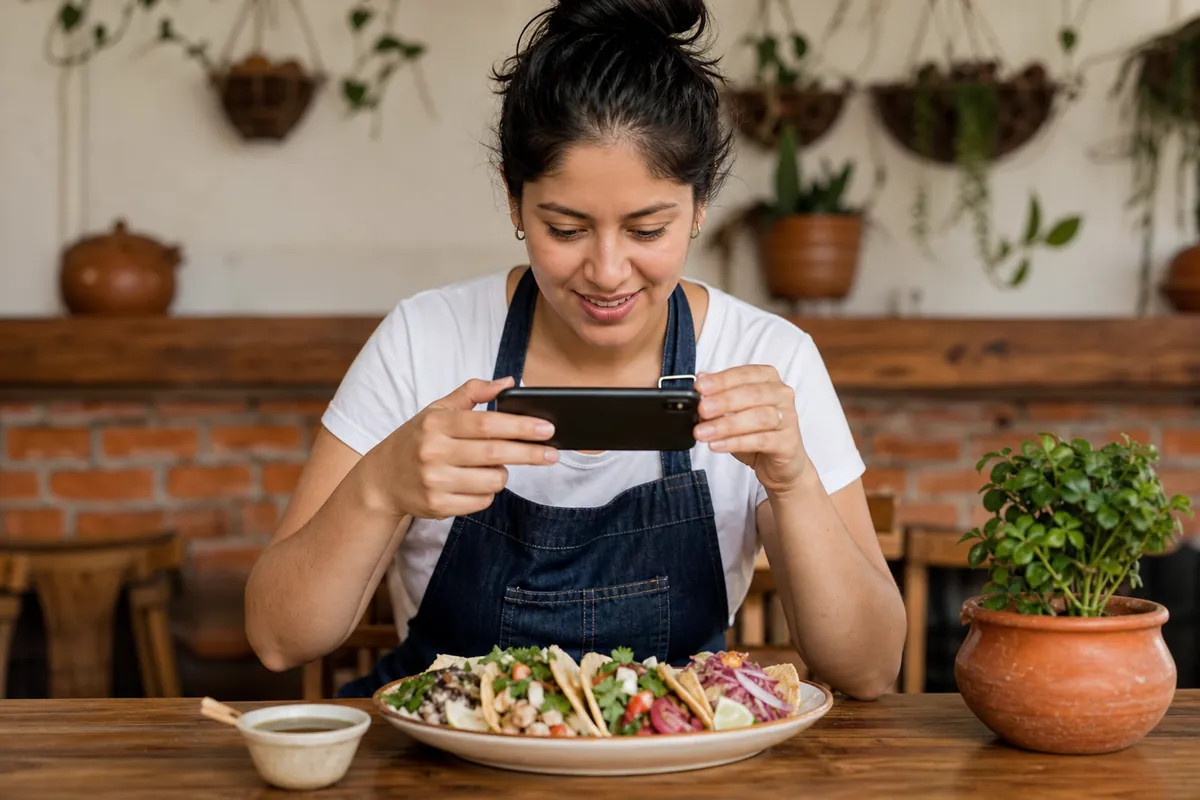 Emprendedora tomando una foto de tacos para su estado de WhatsApp