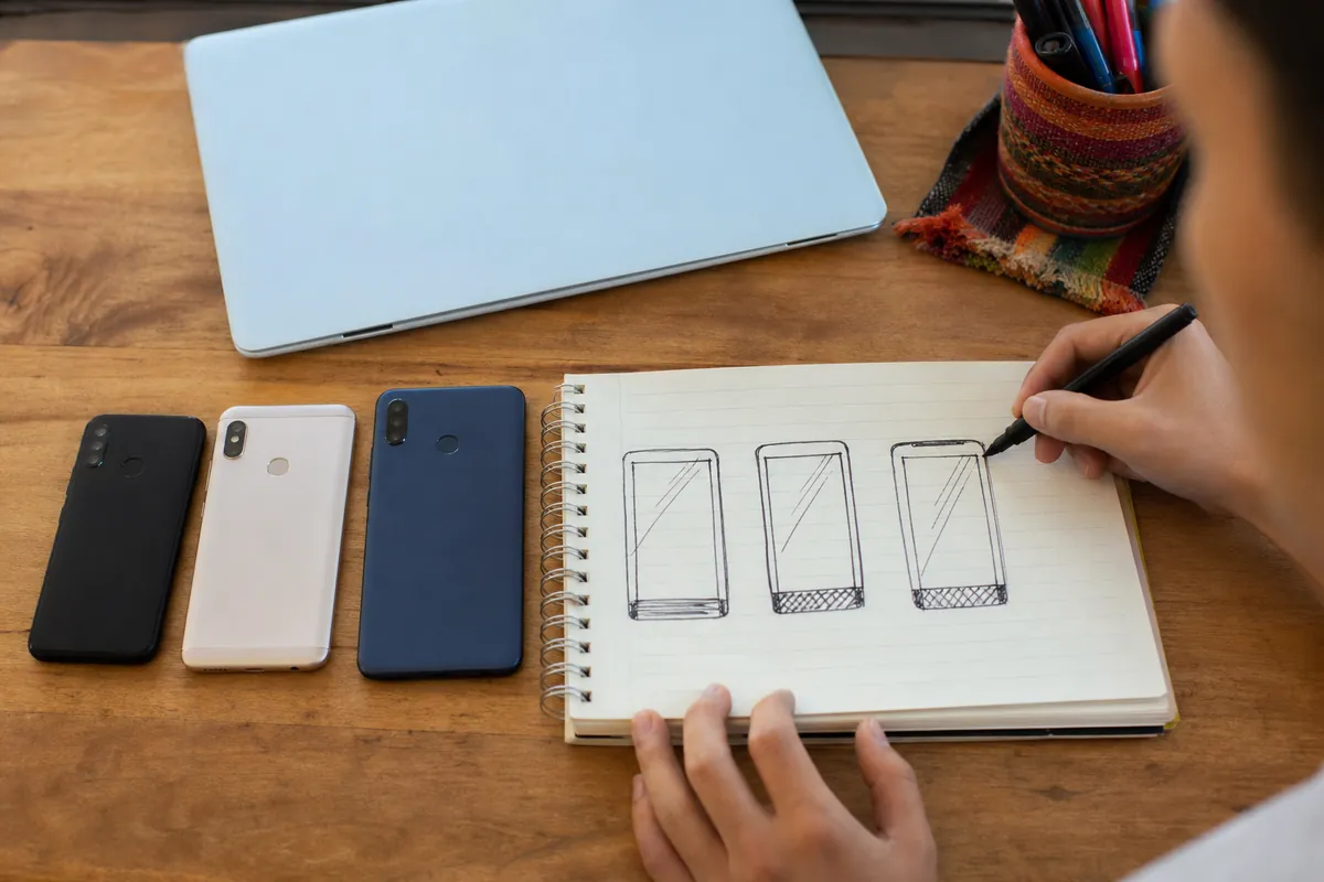 Tres teléfonos apagados uno junto al otro sobre un escritorio