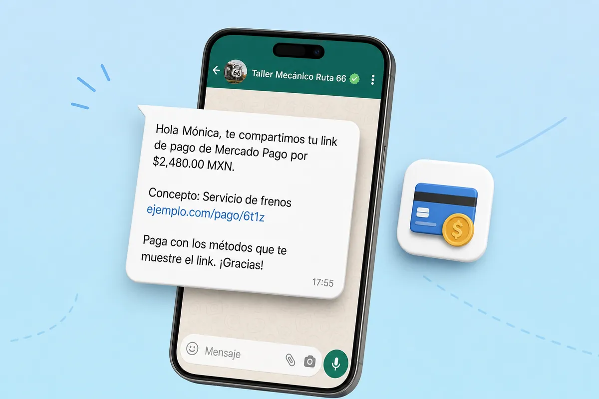 Mensaje de WhatsApp de Mercado Pago con ChatSales: Talleres y servicios