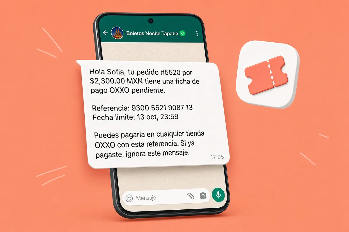 Mensaje de WhatsApp de OXXO con ChatSales: Boletos para eventos