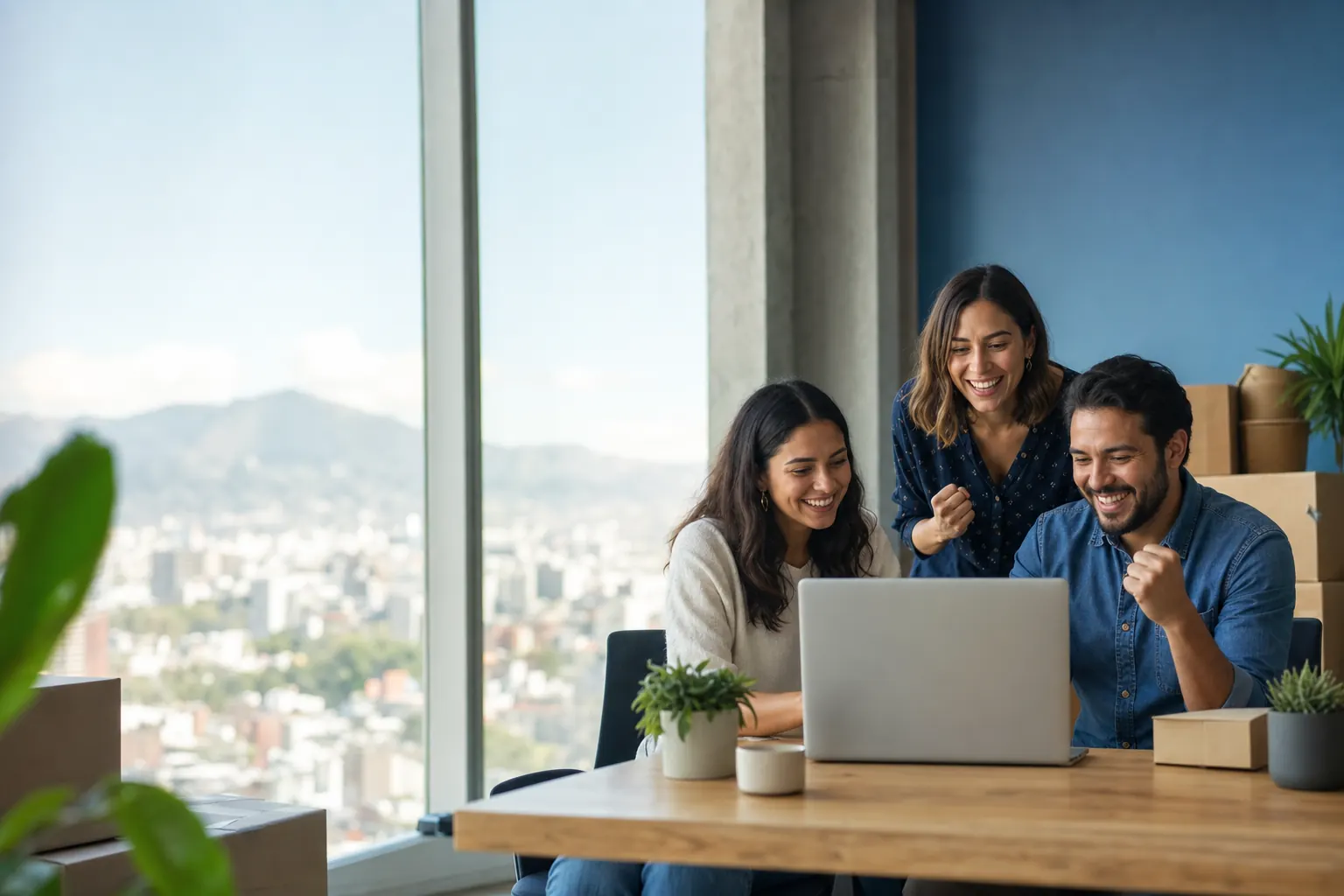 Equipo de ventas celebrando alrededor de una computadora