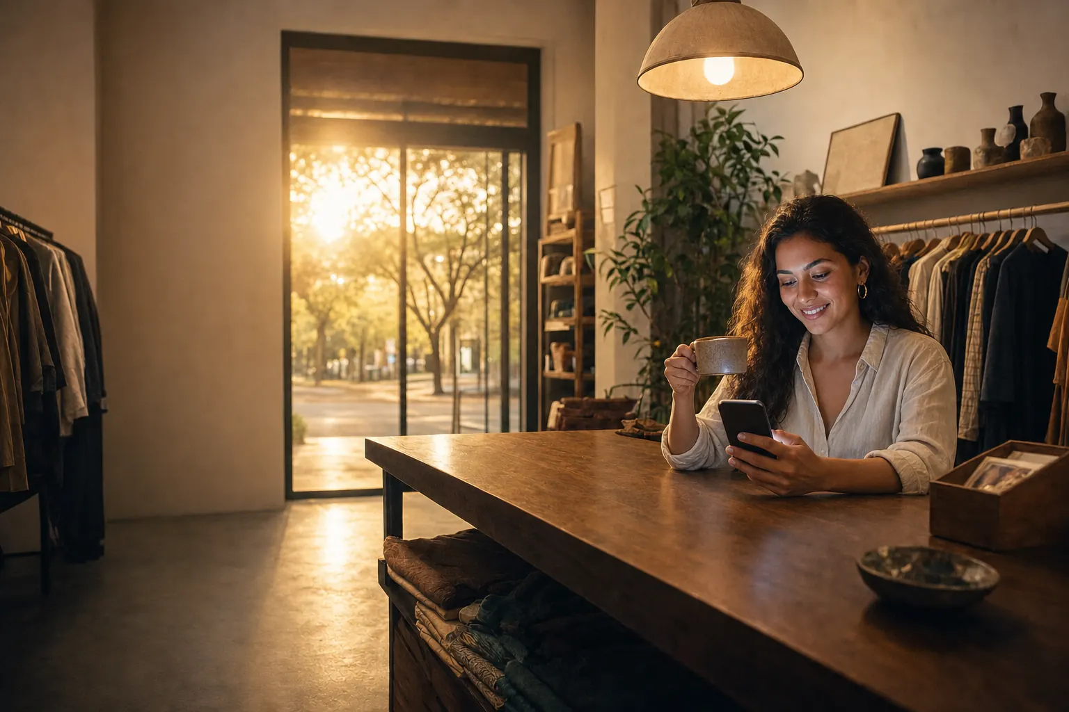 Lupita al amanecer, tranquila, con un café y su celular
