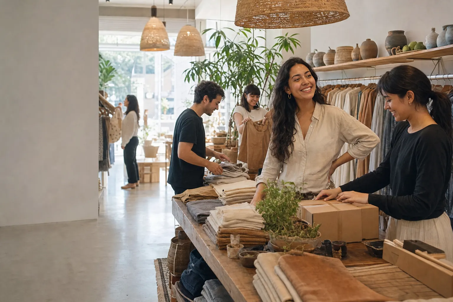 Luana sorrindo com a nova equipe na loja, embalando pedidos online